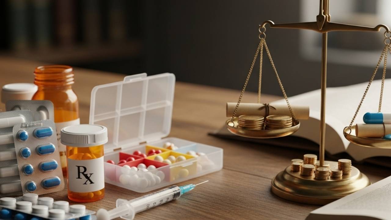 Remédios sobre mesa com balança da Justiça