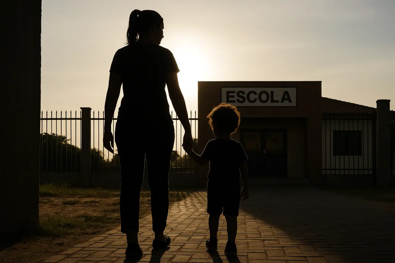 Silhueta de mãe e filho se dirigindo a escola