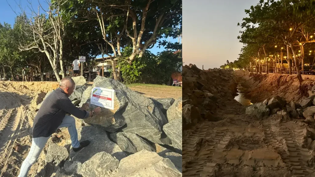 Colagem de fotos mostrando embargo a obra na praia de Jericoacoara