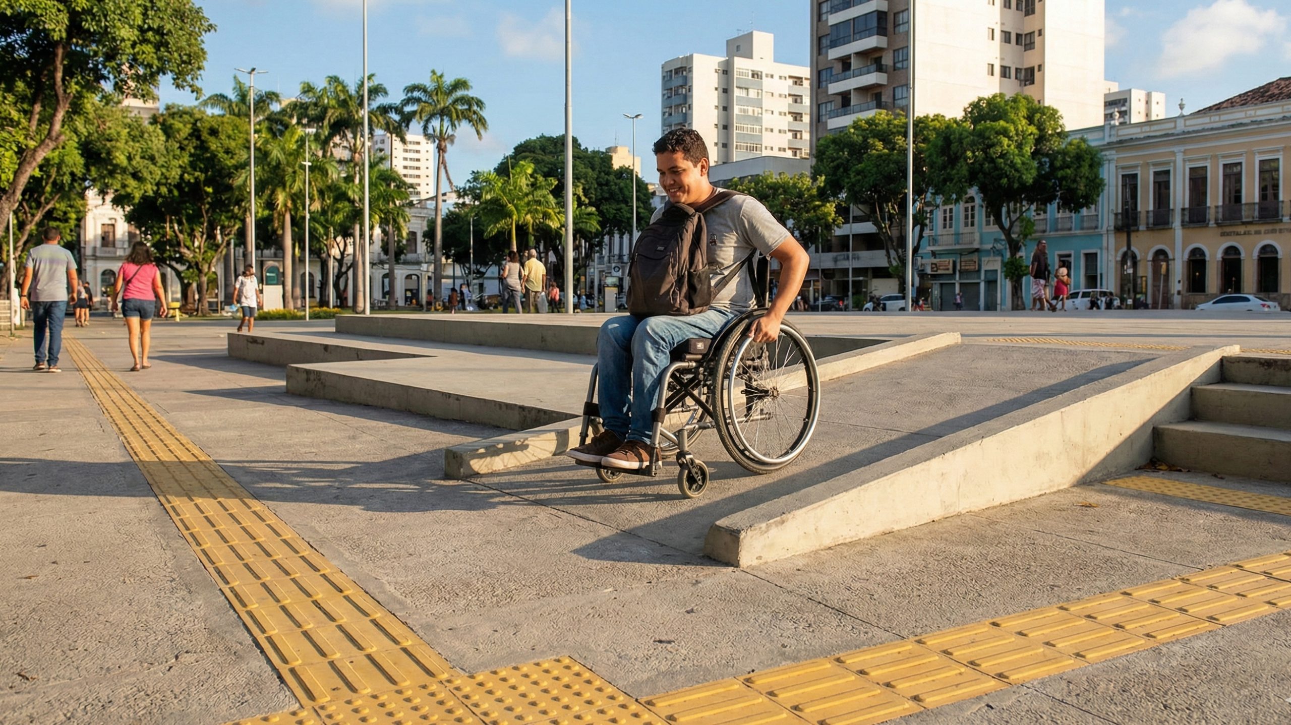 Foto colorida. Em primeiro plano, uma pessoa caminhando de cadeira de rodas descendo de uma rampa, próximo a um piso tátil amarelo, direcional, em uma calçada cinza. Ao fundo, desfocado, vê-se o movimento de uma praça pública e prédio baixos e coloridos. Fim da descrição.