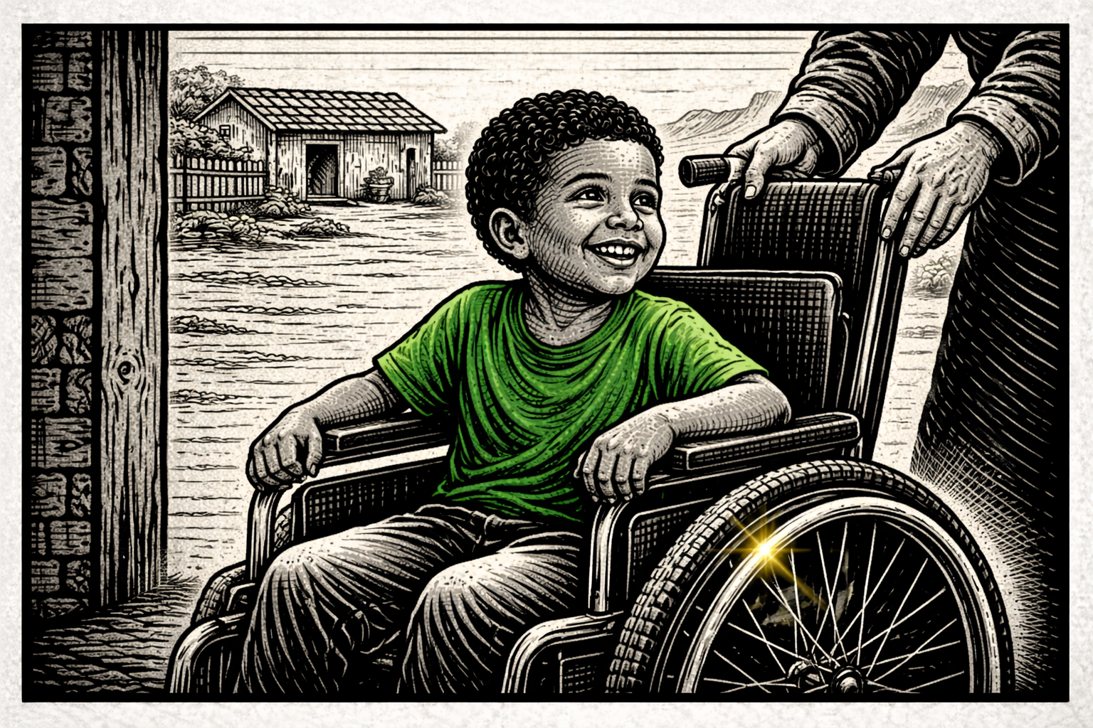 Ilustração com traços que lembram xilogravura, predominantemente em preto e branco. No centro, um menino com cabelos crespos curtos tem um sorriso largo e o olhar voltado para a frente enquanto está sentado em uma cadeira de rodas. Sua camiseta é o único elemento colorido da cena, em um tom de verde vibrante. Atrás dele, veem-se as mãos e os braços de uma pessoa segurando as manoplas da cadeira para empurrá-lo. Há um ponto de luz amarelo brilhando nos aros da roda. Ao fundo, compondo o cenário, há uma paisagem rural com chão de terra, uma casa simples com cerca e morros no horizonte.