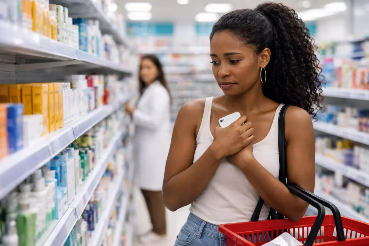 Imagem gerada por IA de mulher negra sendo constrangida em farmácia