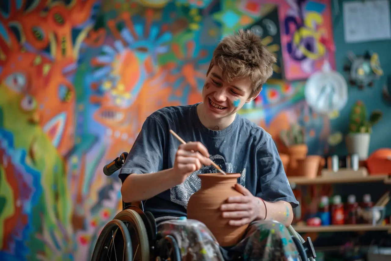 Jovem rapaz em cadeira de rodas pinta vaso de barro com pincel em ateliê com parede colorida