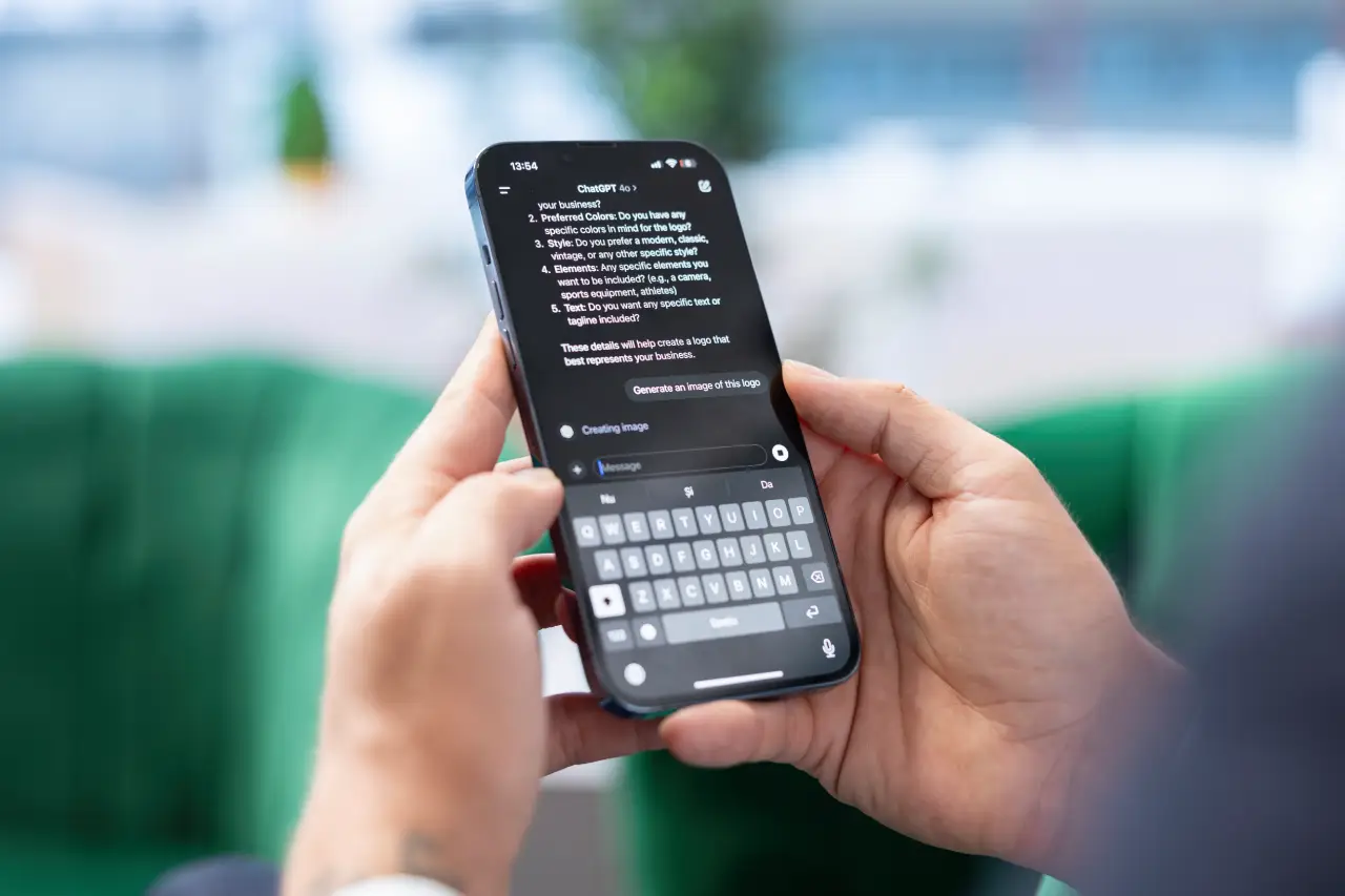 Homem segura celular com o app do ChatGPT na tela