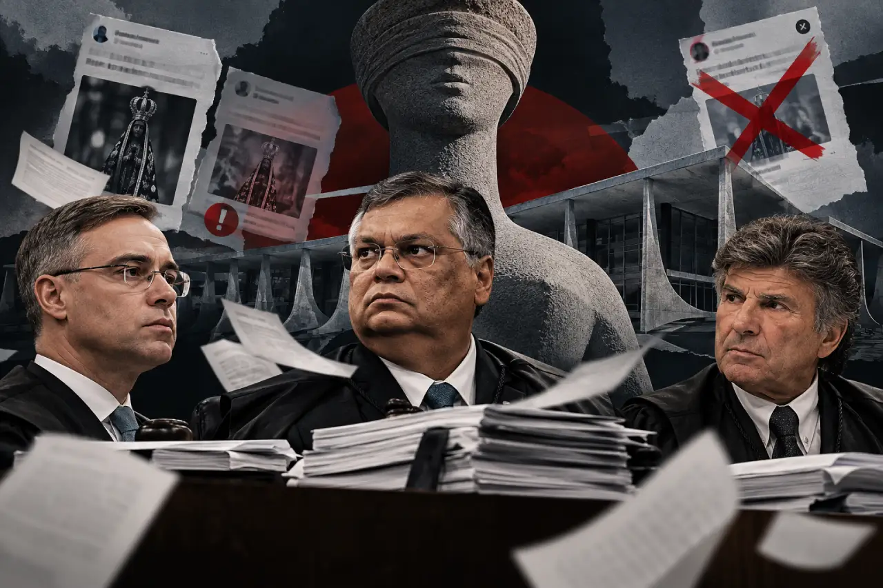 Imagem gerada por IA mostra Mendonça, Dino e Fux rodeados de papéis e notícias