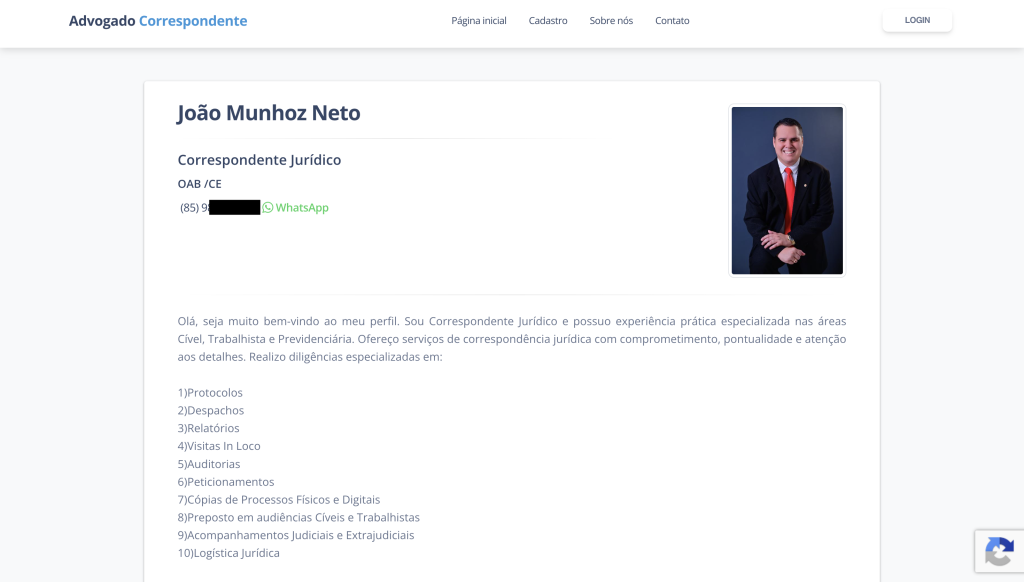 Print do perfil de João Munhoz Neto no site Correspondentes na Web