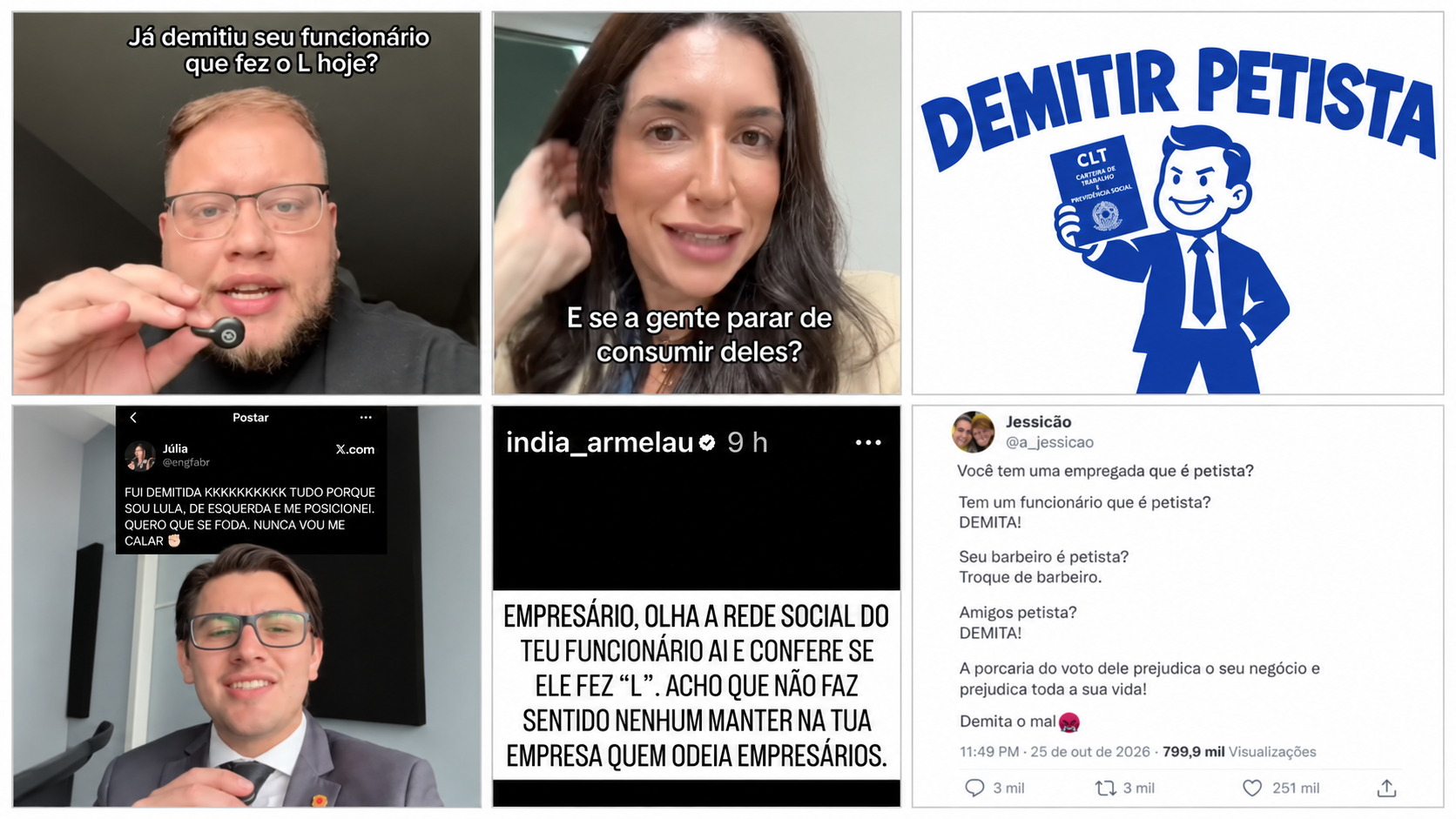 Prints de influencers sugerindo a demissão de trabalhadores que votaram no PT
