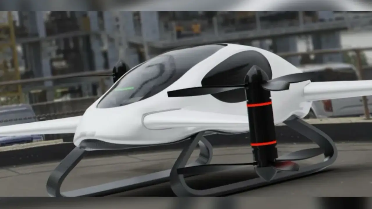 Arte com o veículo eVtol, carro voador da Vertical Connect